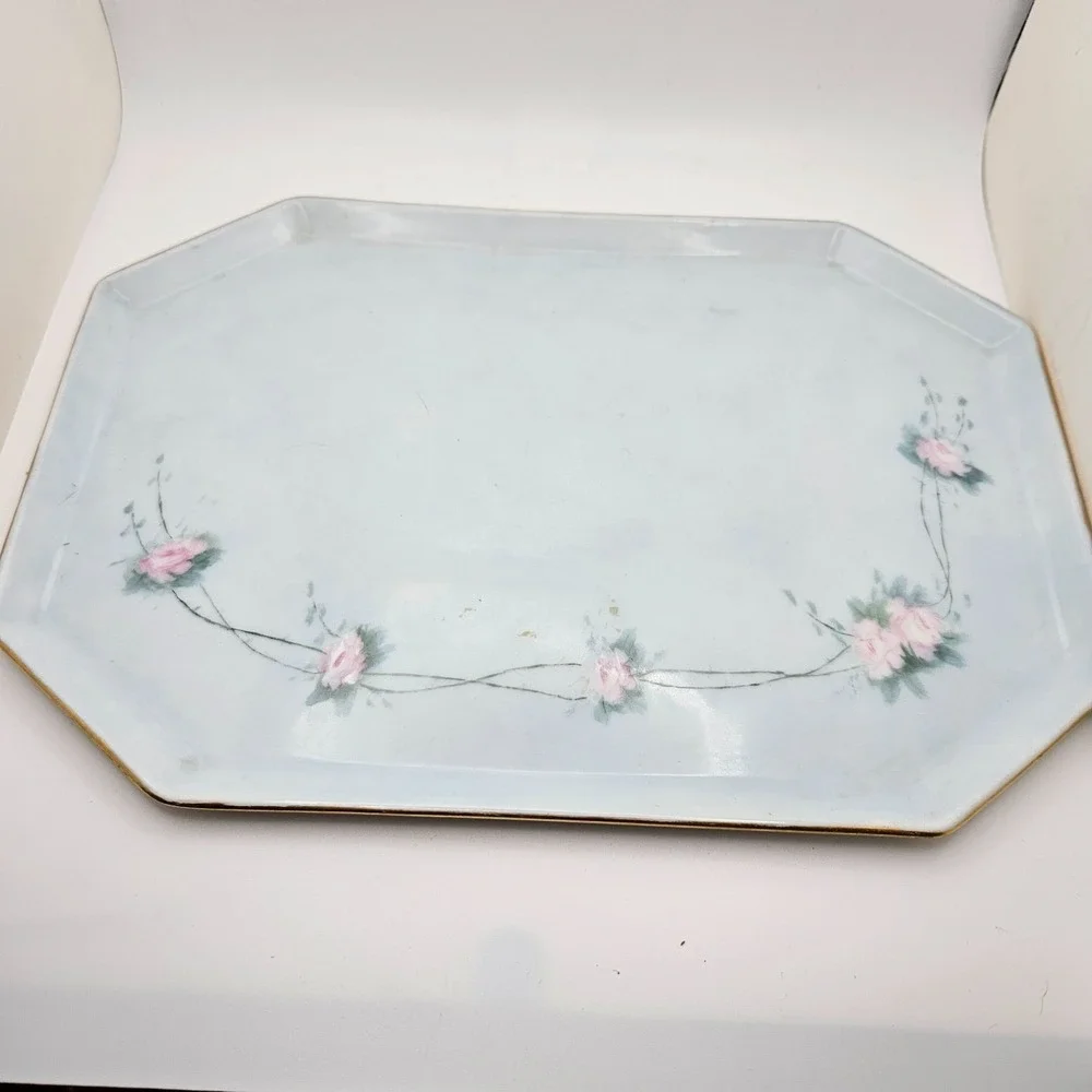 Antique T&V Limoges France 3 Pc Vanity Set Blue Pink Roses‎ Tray Powder Jar